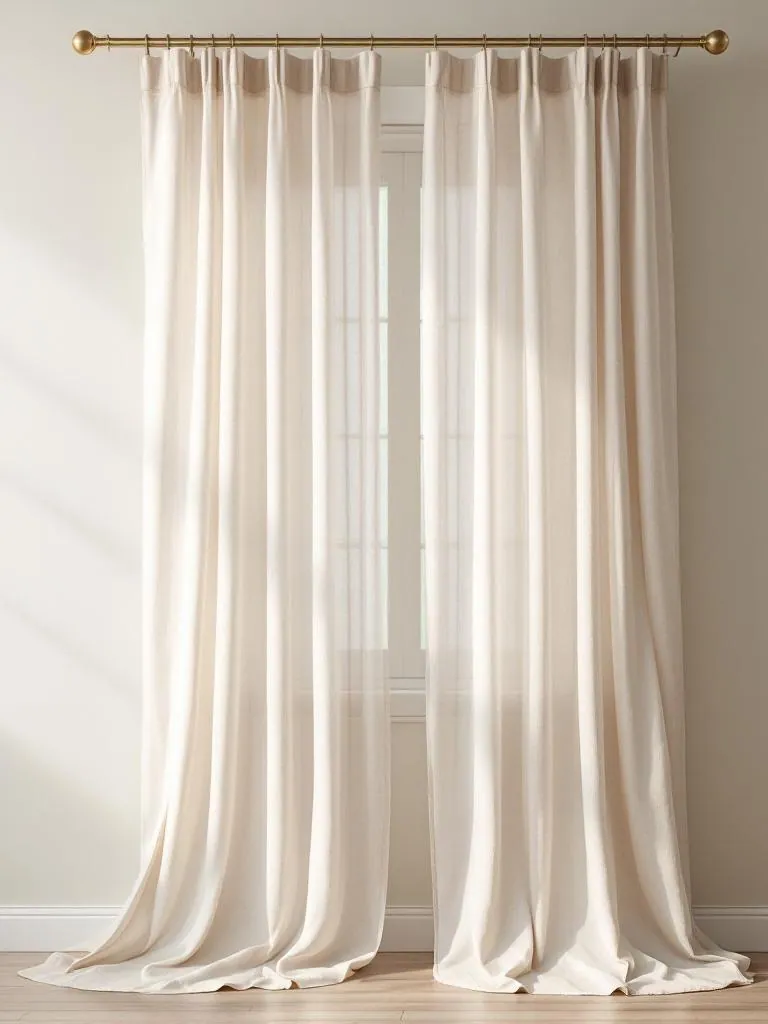 Curtain manufacturer Karachi Pakistan showing floor-length cream linen curtain panels with brass rod, front view